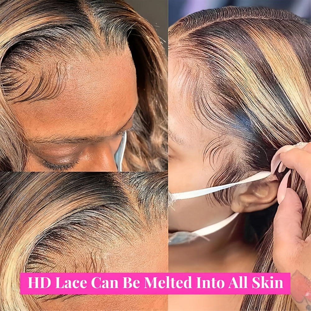 Honey Blonde Ombre Body Wave Lace Front Wig - 13x4 HD Human Hair Bob Wig For Women, Pre-Plucked Brazilian Human Hair With Baby Hair, Highlighted Gradient Color Transition, Loose Waves Hair Wig Perfect For Beginners